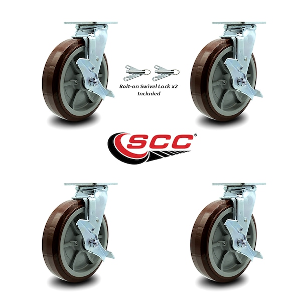 8 Inch Polyurethane Caster Set With Roller Bearings 4 Brake 2 Swivel Lock SCC